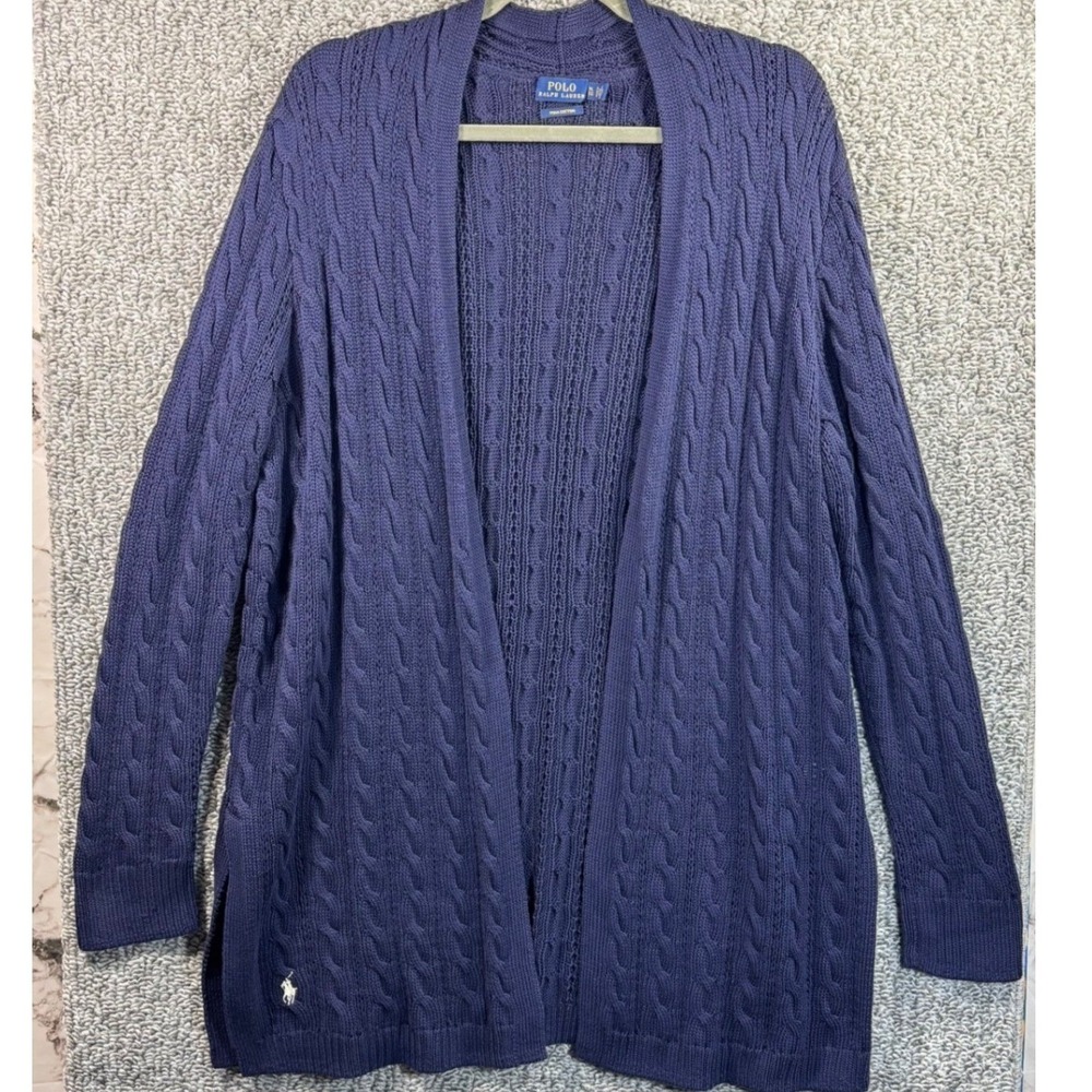 Polo Ralph Lauren Cardigan Navy Blue Pima Cotton Cable Knit Open Front Womens XL